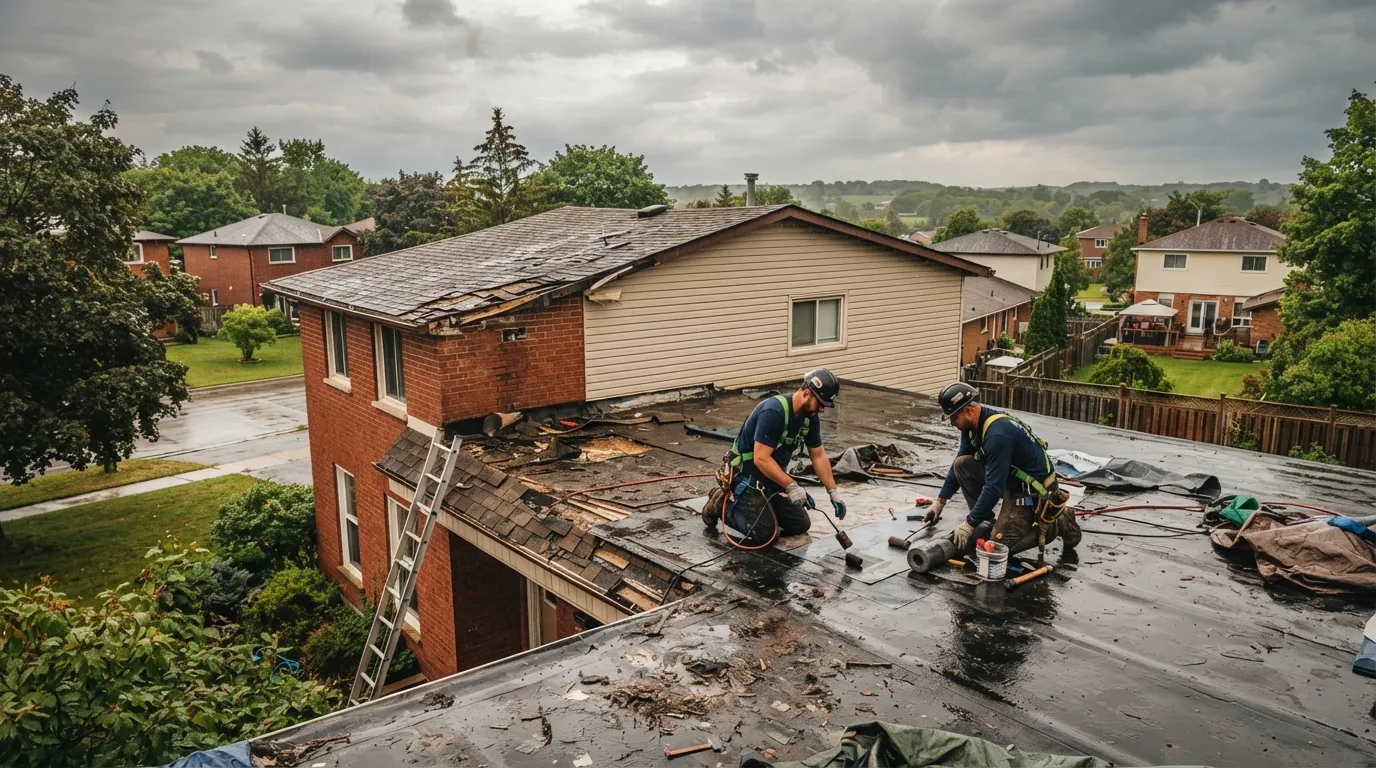 Emergency flat roof repair after storm damage in Caledon