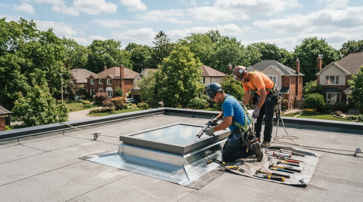 Skylight replacement and flashing rebuild on a flat roof in Oakville